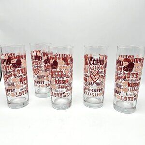 Vintage Valentine Glasses Lot 5 Crisa Love Heart Words Pink Red Highball